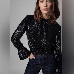 Zadig & Voltaire Tummy Black Long Sleeve Sequin Top Blouse $498 Medium